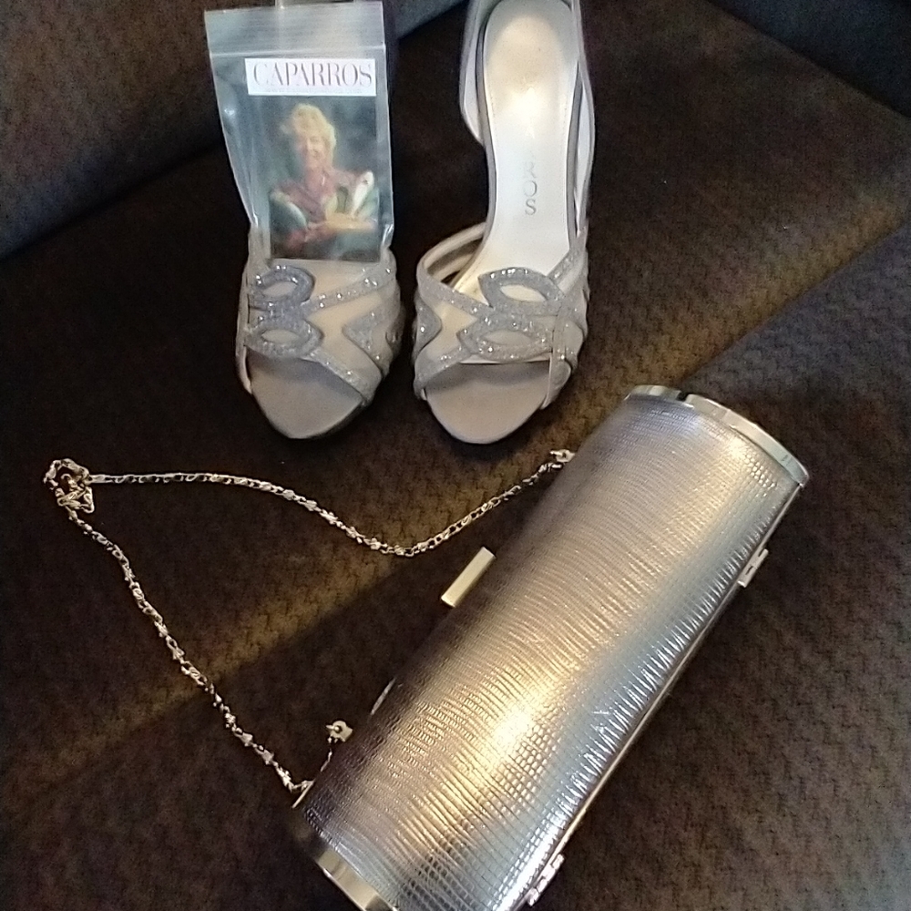 SLATE SATIN CAPARROS HIGH HEEL SHOES AND PURSE